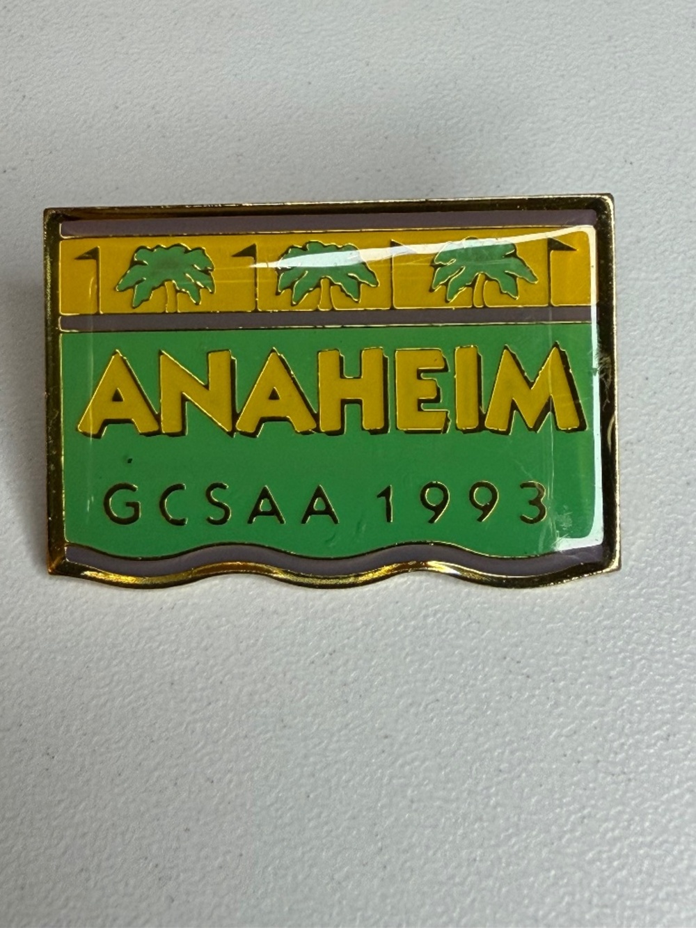 Vintage Anaheim GCSAA 1993 Pin Green Yellow Gold Tone Enamel 1.25" x .75"